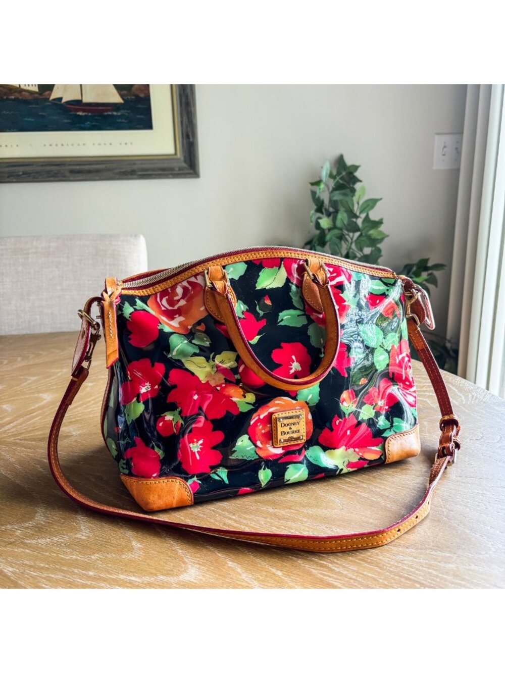 Dooney Bourke Garden Rose Black Red Floral Leather Domed Satchel Purse